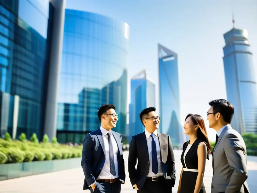 Un grupo de graduados de MBA en traje de negocios, sonrientes ante un moderno edificio de oficinas en una ciudad bulliciosa de China