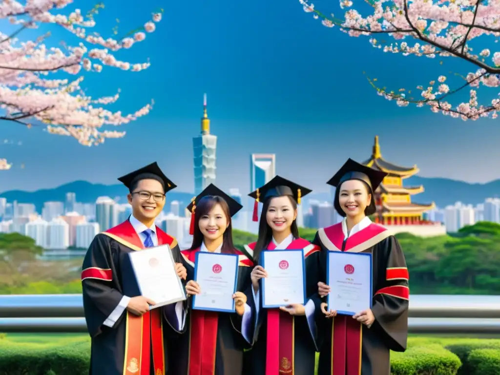 Un grupo de graduados de MBA en trajes tradicionales taiwaneses posa frente al horizonte de una ciudad moderna, rodeados de árboles de cerezo