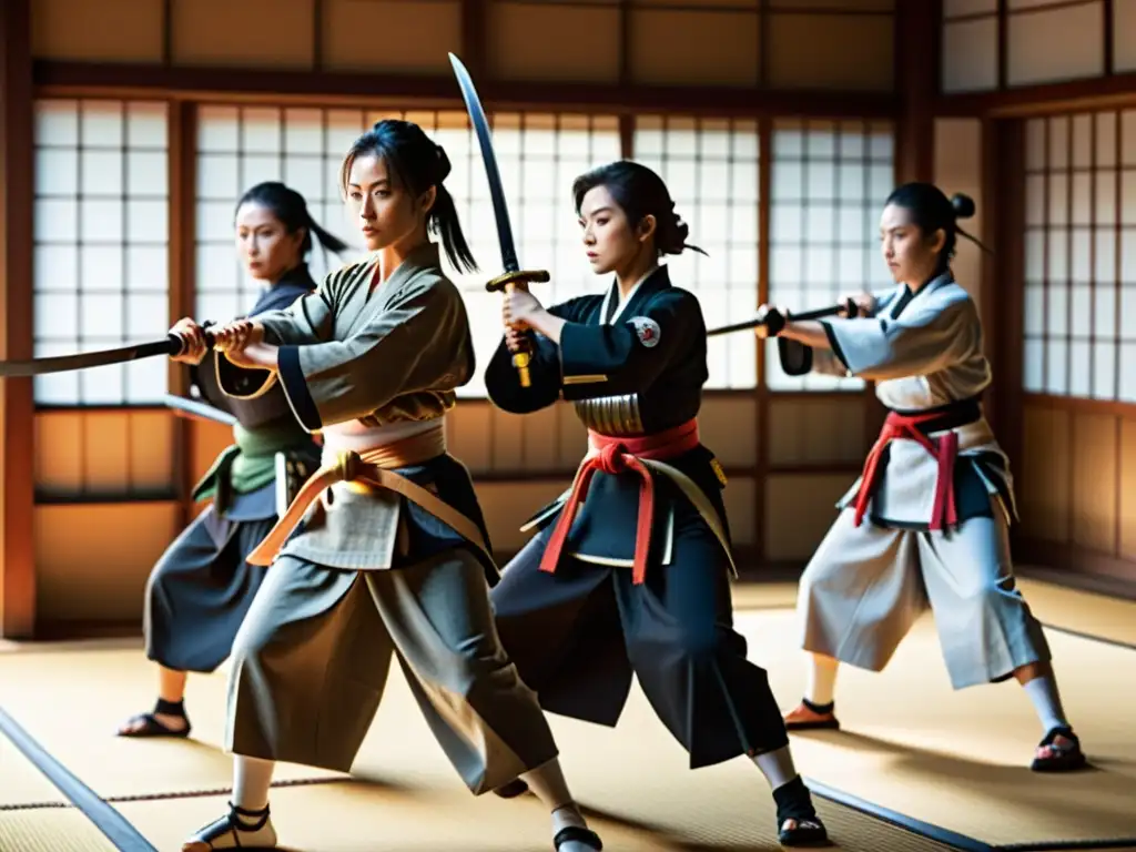 Un grupo de guerreras samuráis practican artes marciales con determinación en un dojo japonés, mostrando el rol femenino en el bushido samurai