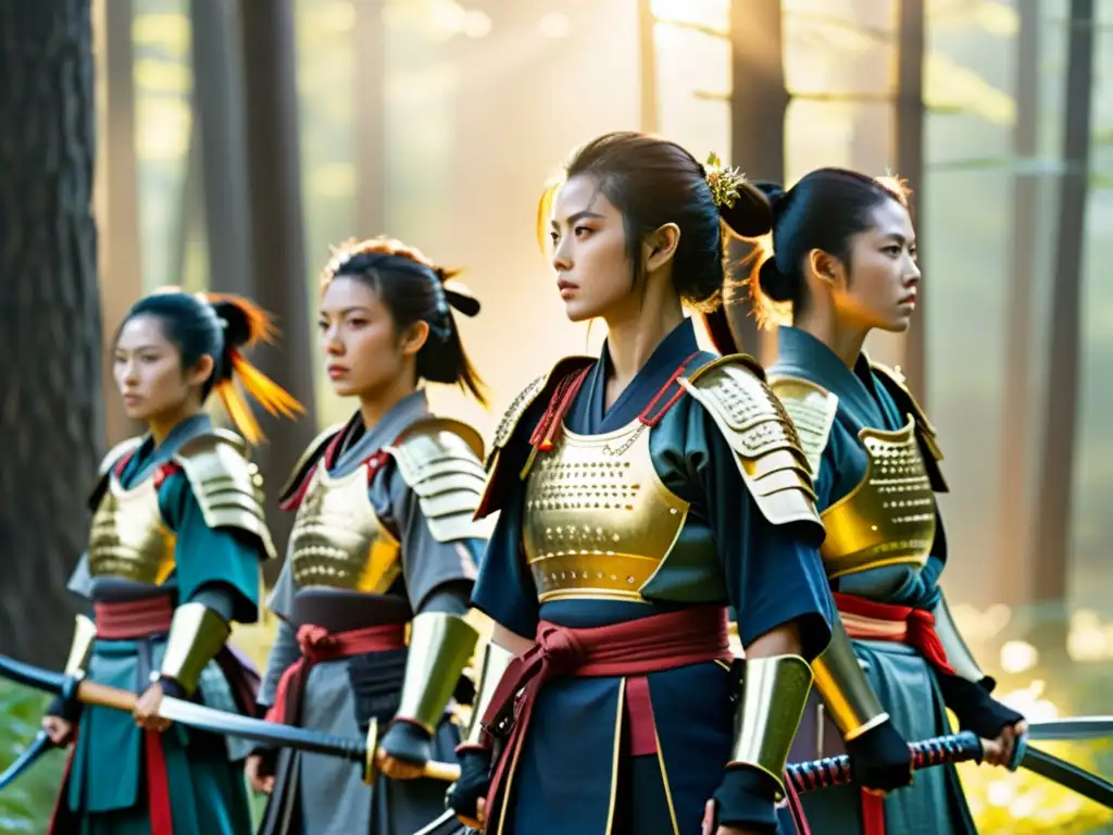 Un grupo de guerreras samurái, orgullosas y decididas, portan katanas en un bosque neblinoso