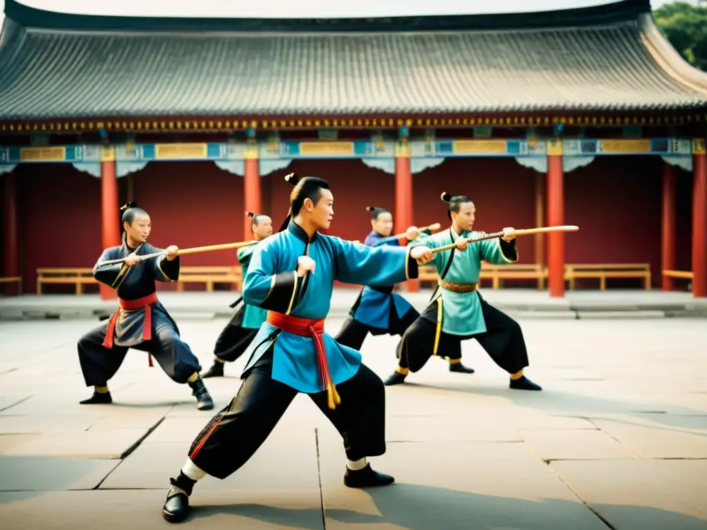 Un grupo de guerreros de la dinastía Qing practicando kung fu en un patio chino, exhibiendo técnicas y posturas