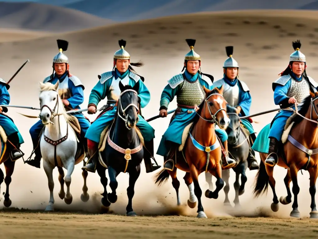 Un grupo de guerreros mongoles a caballo, en plena táctica de combate en la estepa mongol