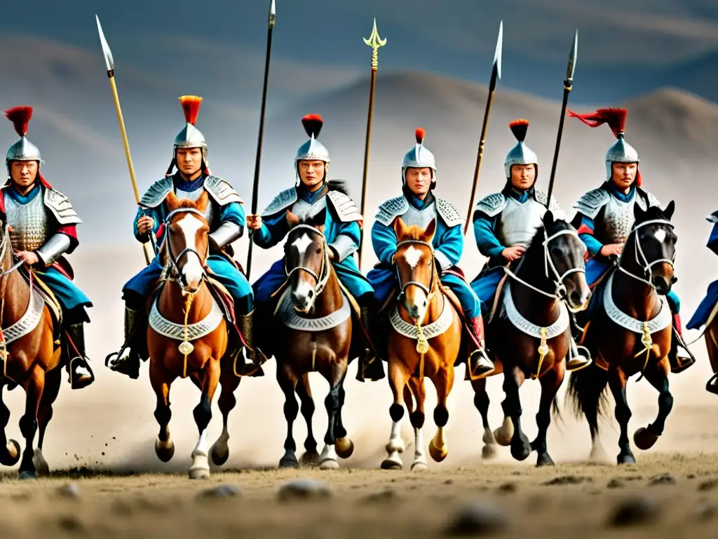 Un grupo de guerreros mongoles a caballo, con táctica de combate defensiva, listos para la batalla en las estepas mongoles