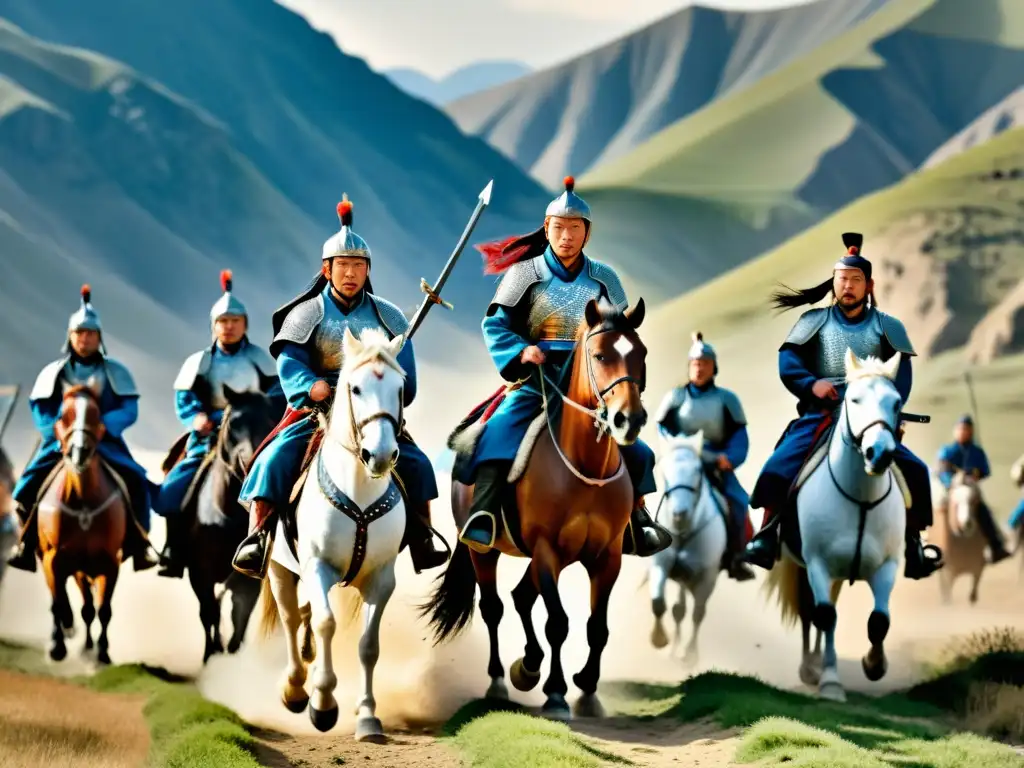 Un grupo de guerreros mongoles a caballo se acerca a un fuerte custodiado por samuráis, reflejando la influencia de invasiones mongolas en samuráis