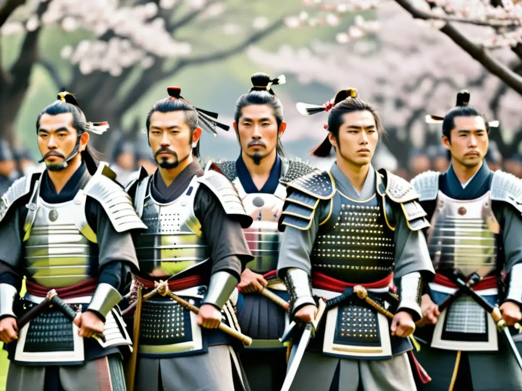 Un grupo de guerreros samuráis en armadura tradicional, con katanas, rodeados de árboles de cerezo