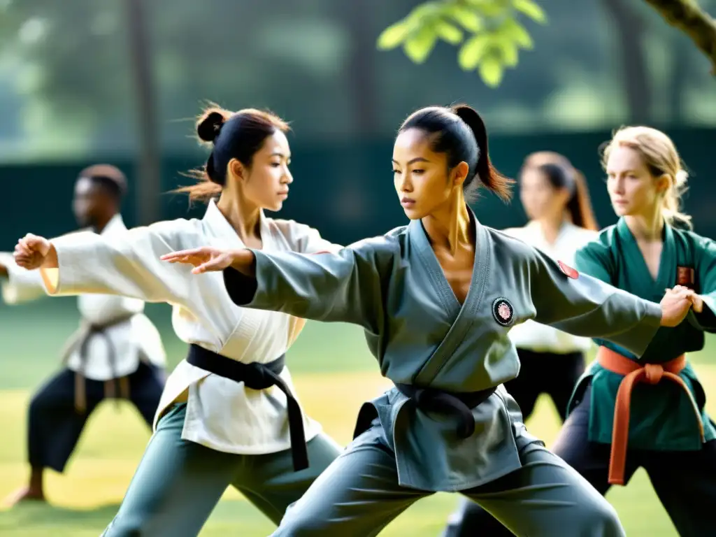 Grupo guiado por instructor de artes marciales practica en la naturaleza