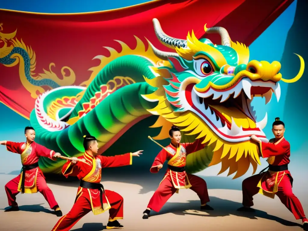 Un grupo de hábiles artistas del Wushu realiza una impresionante danza del dragón en vibrantes trajes tradicionales