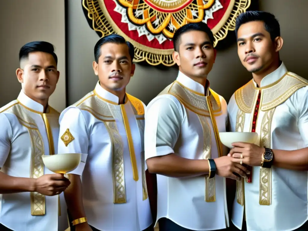 Un grupo de hombres filipinos viste elegantes Barong Tagalog, exhibiendo orgullo y tradición en un evento cultural