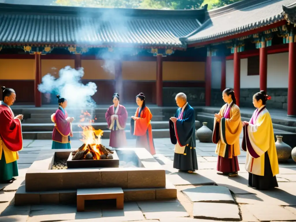 Grupo rinde homenaje a Principios confucianos en ritual tradicional, entre muros antiguos grabados, incienso y luz cálida