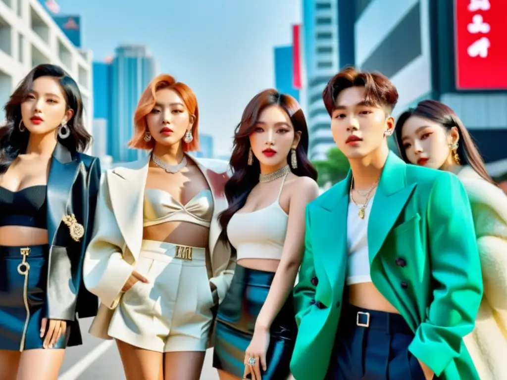 Un grupo de ídolos del KPop en atuendos de alta moda, posando con confianza en una concurrida calle de la ciudad