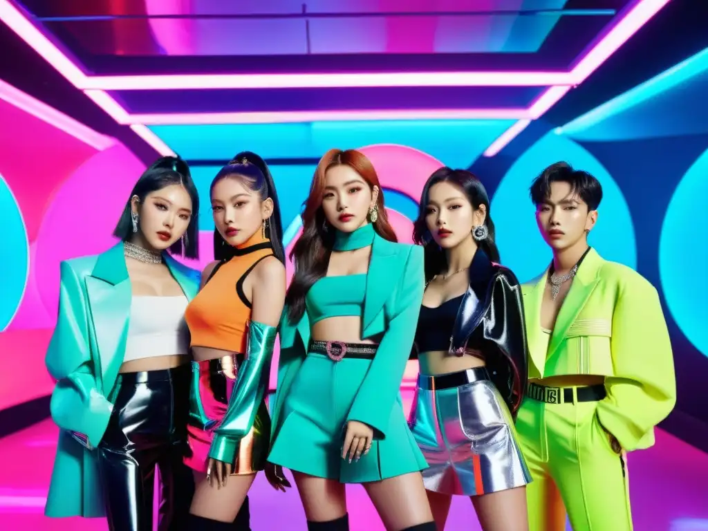 Un grupo de ídolos del Kpop posando en atuendos coloridos y futuristas, destacando la influencia global de la estética del Kpop