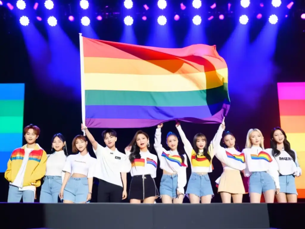 Un grupo de ídolos del Kpop de diferentes bandas unidos en el escenario, sosteniendo banderas del orgullo LGBTQ+