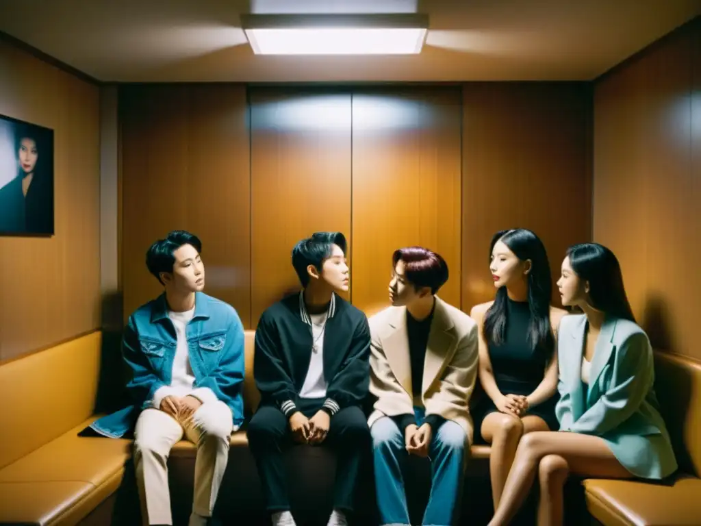 Un grupo de ídolos de KPop se reúne en un camerino con poca luz, compartiendo una conversación sincera sobre la privacidad en sus vidas públicas