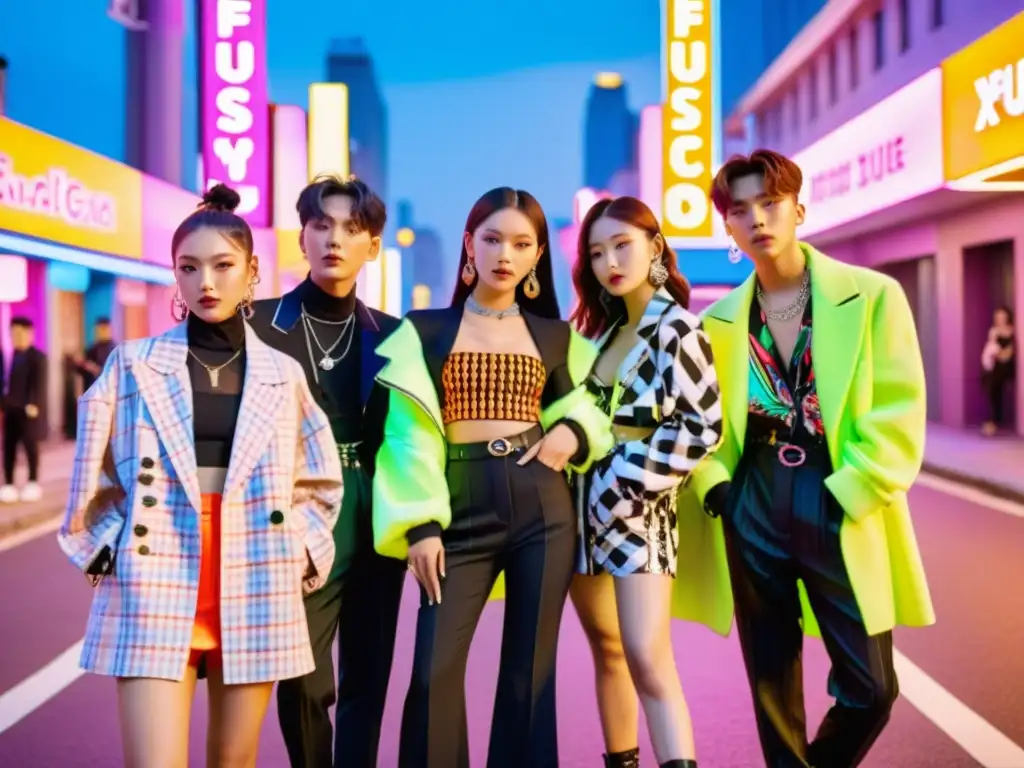 Grupo de ídolos del Kpop en la ciudad, mostrando influencia del KPop en moda asiática con estilo vibrante y ecléctico