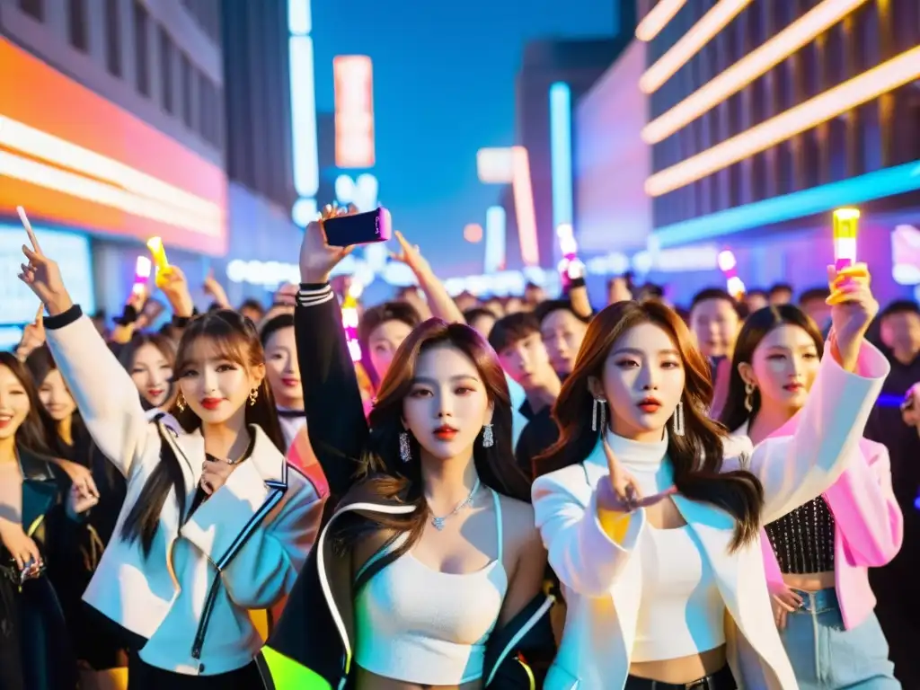 Grupo de ídolos del KPop deslumbrando en la ciudad, rodeados por fans con lightsticks