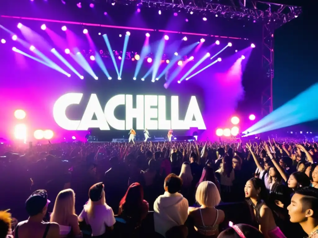 Grupo de ídolos del KPop actuando en Coachella, con una audiencia diversa emocionada, mostrando la influencia del KPop en eventos globales