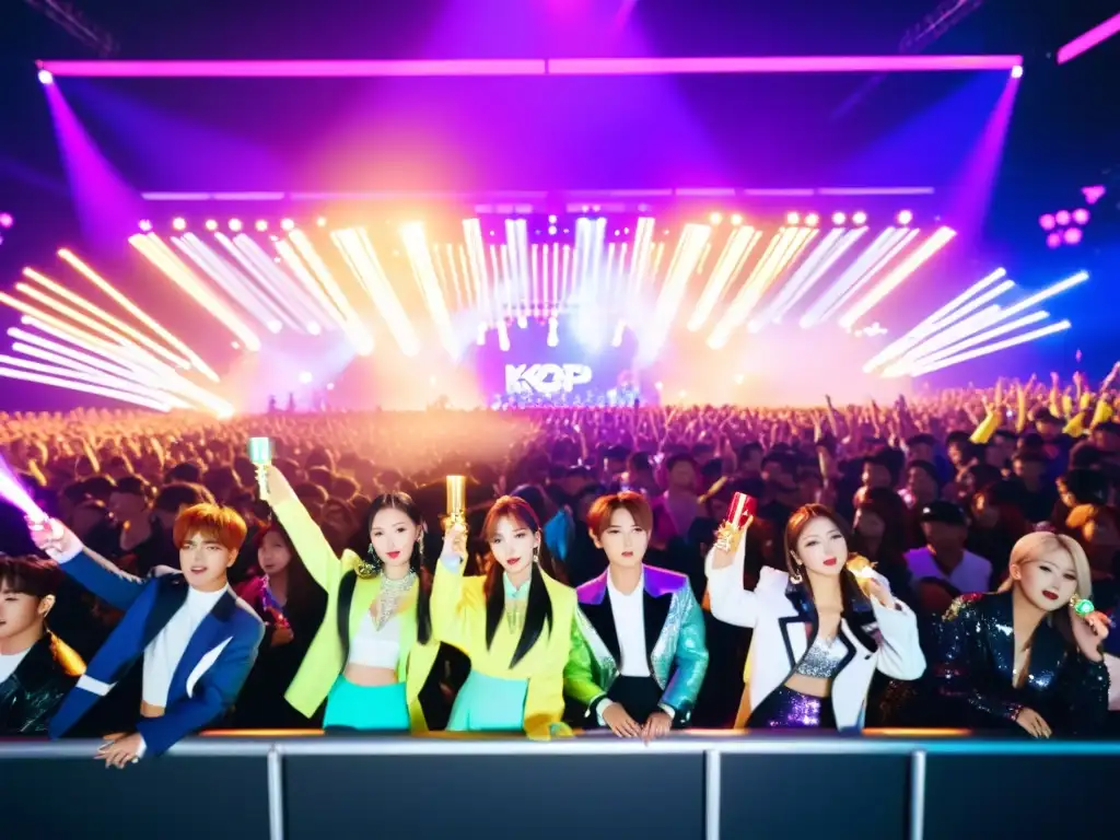 Grupo de ídolos del KPop deslumbrantes en concierto, rodeados de fans con light sticks