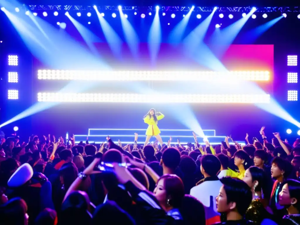 Grupo de ídolos del KPop en el escenario de los 2000, con atuendos coloridos y futuristas, desbordando energía y carisma