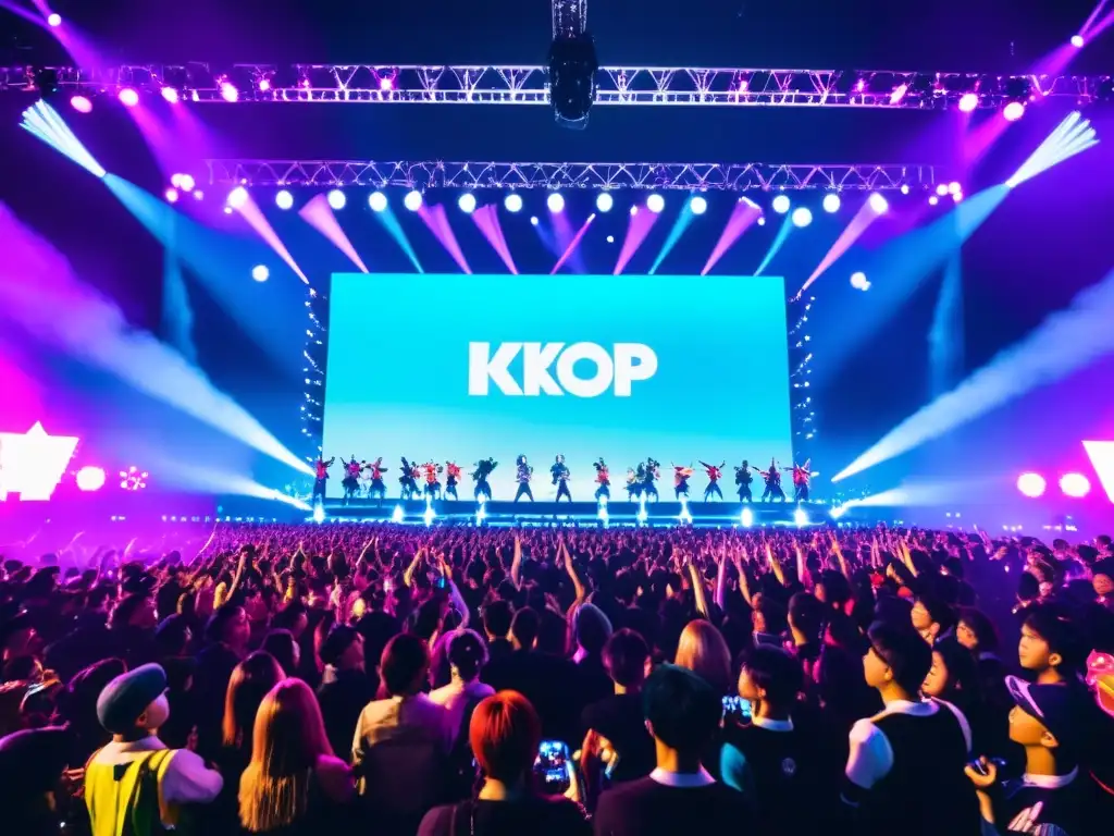 Grupo de ídolos del Kpop deslumbrando en un escenario frente a una multitud entusiasta