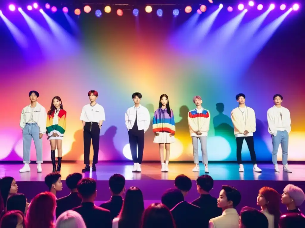 Grupo de ídolos del KPop unidos en el escenario, iluminados por luces de colores arcoíris