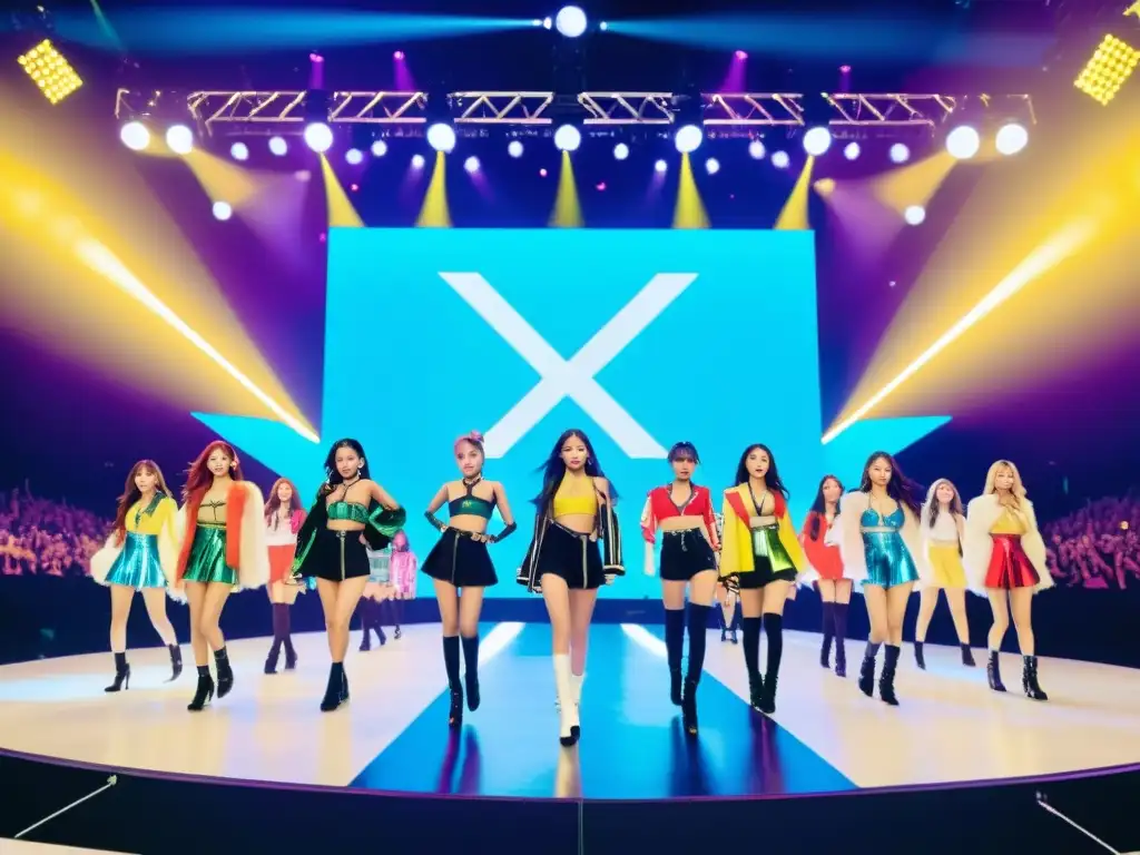 Grupo de ídolos del KPop impactando en Occidente con un espectáculo vibrante y energético en el escenario, iluminado por luces brillantes