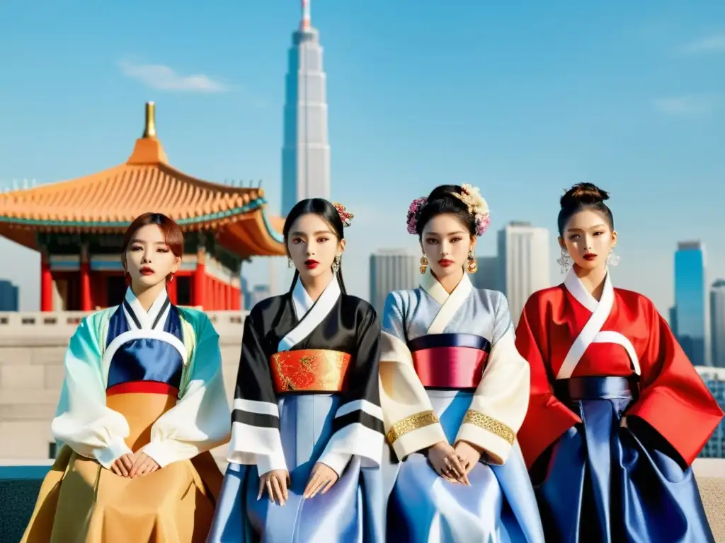 Un grupo de ídolos de KPop posa en una sesión editorial de alta moda, fusionando el hanbok tradicional con piezas de diseñador vanguardistas