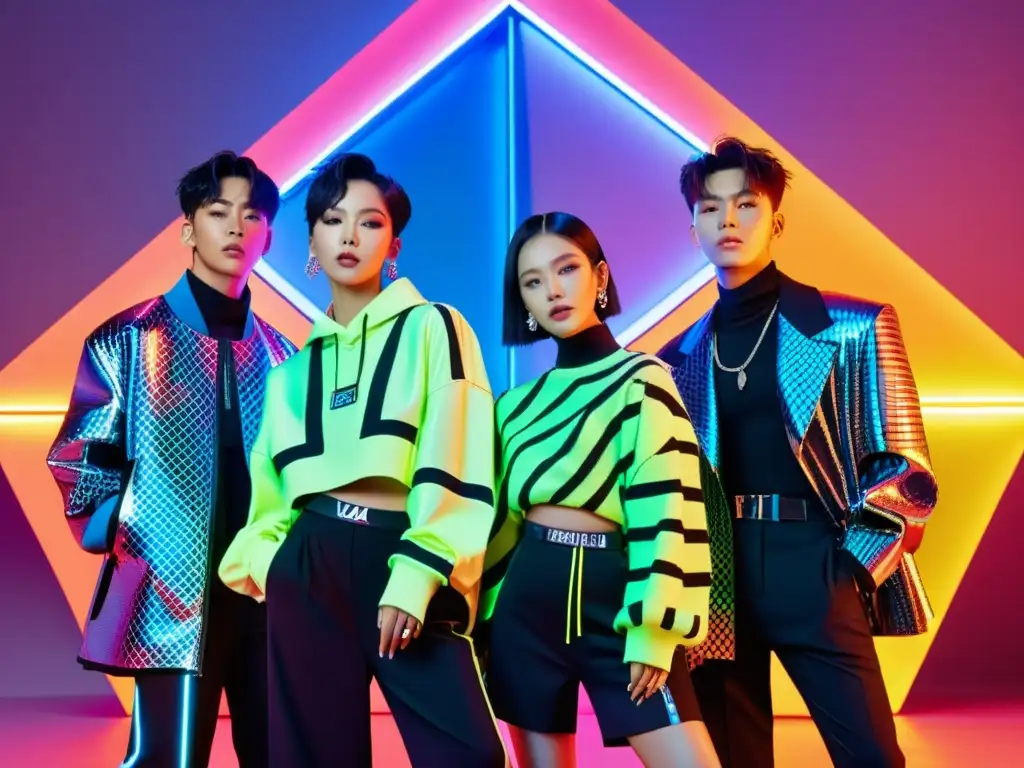 Un grupo de ídolos de KPop posando en una sesión de moda futurista con impacto global del fenómeno KPop