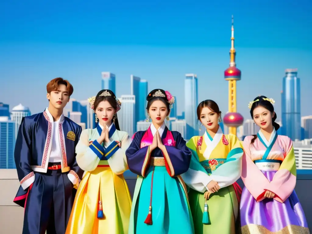 Un grupo de ídolos de KPop vistiendo hanbok tradicional en la ciudad