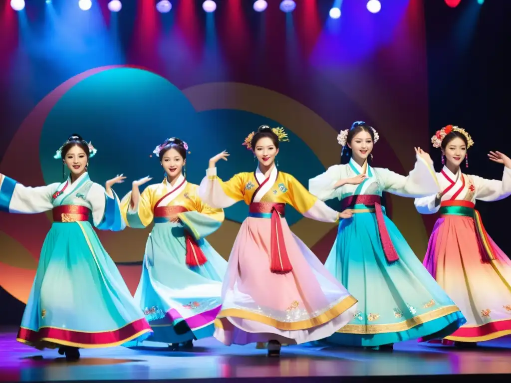 Grupo de ídolos de Kpop en hanbok tradicional realizando una danza con abanicos