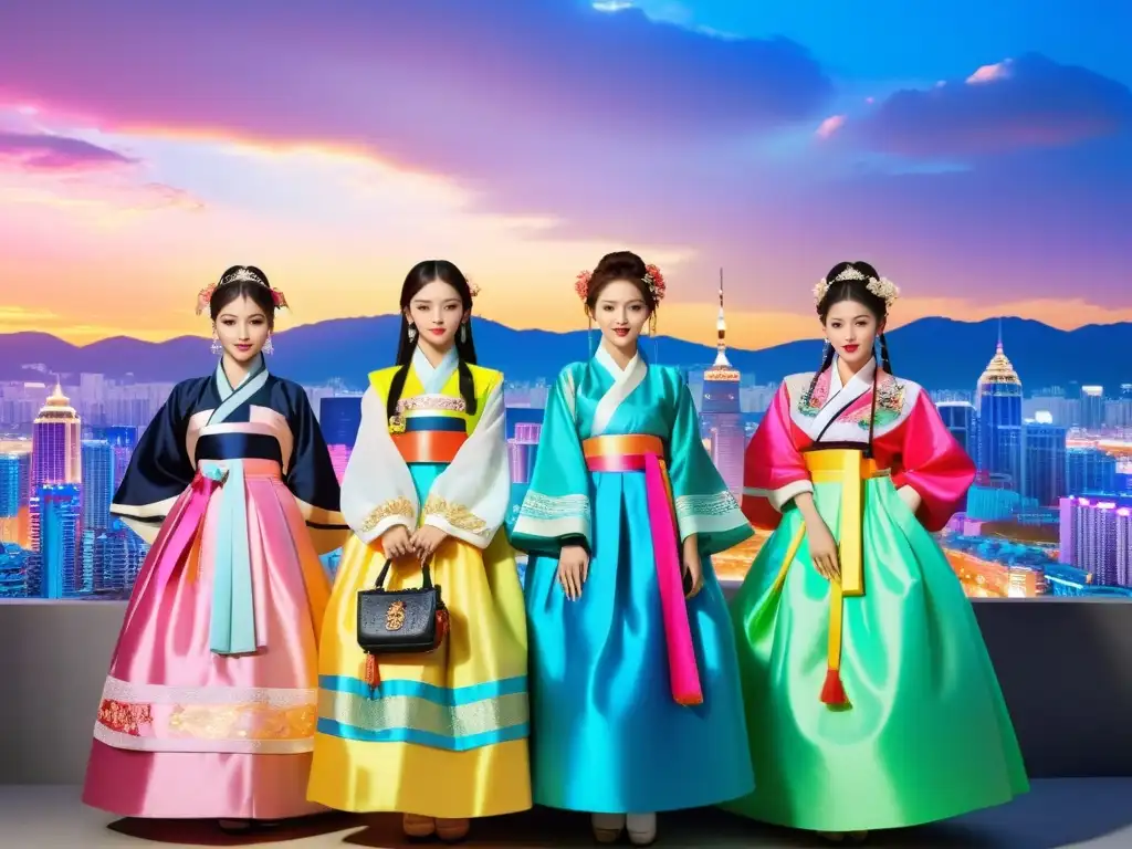 Un grupo de ídolos del Kpop vistiendo hanbok tradicionales en una ciudad moderna, fusionando lo tradicional con lo contemporáneo