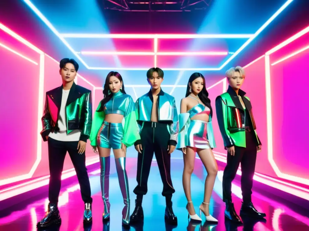 Grupo de ídolos del KPop en trajes futuristas, en un set dramático con luces de neón y hologramas