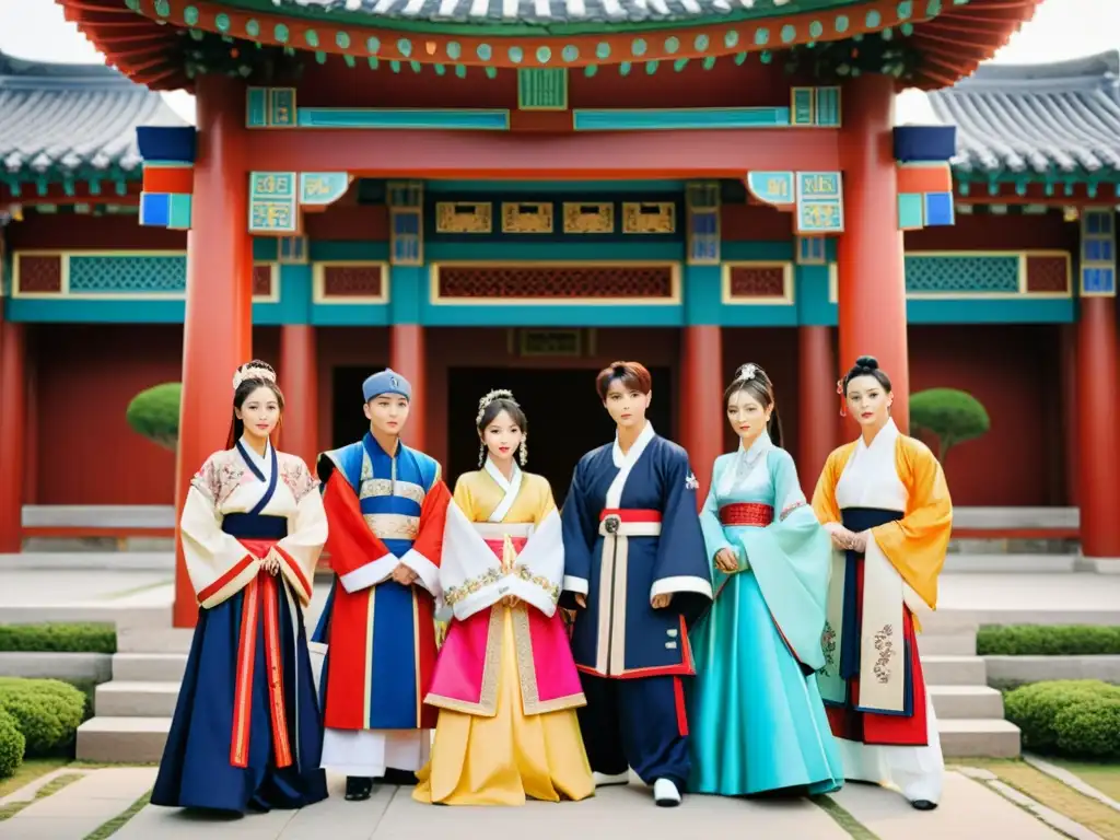 Grupo de ídolos de Kpop en trajes modernos inspirados en hanbok en un patio de palacio coreano, fusionando historia y cultura Kpop