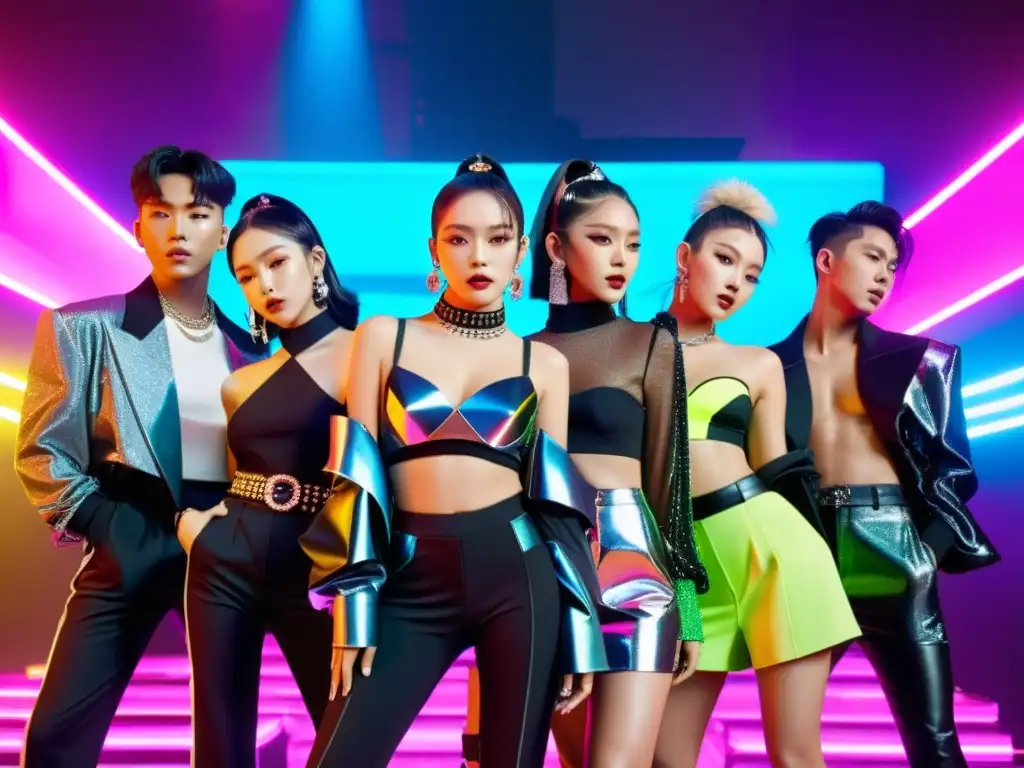 Un grupo de ídolos de KPop vistiendo trajes vibrantes y futuristas, posando en una ciudad urbana llena de luces de neón parpadeantes