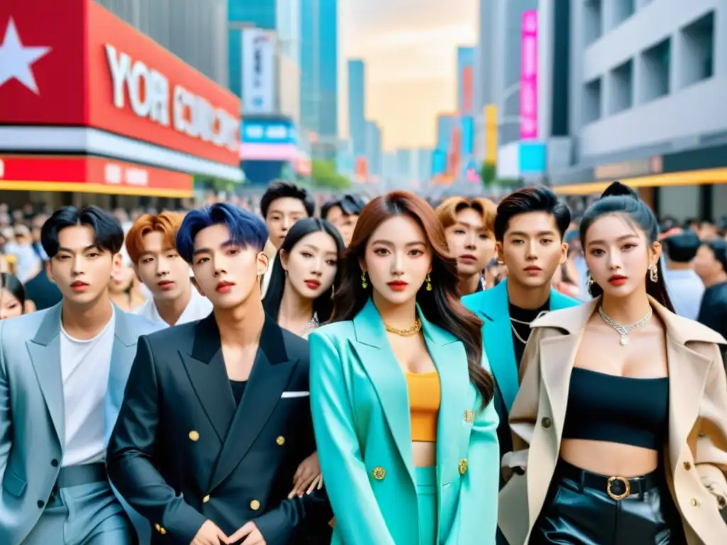 Grupo de ídolos de KPop en sesión fotográfica urbana rodeados de fans entusiastas