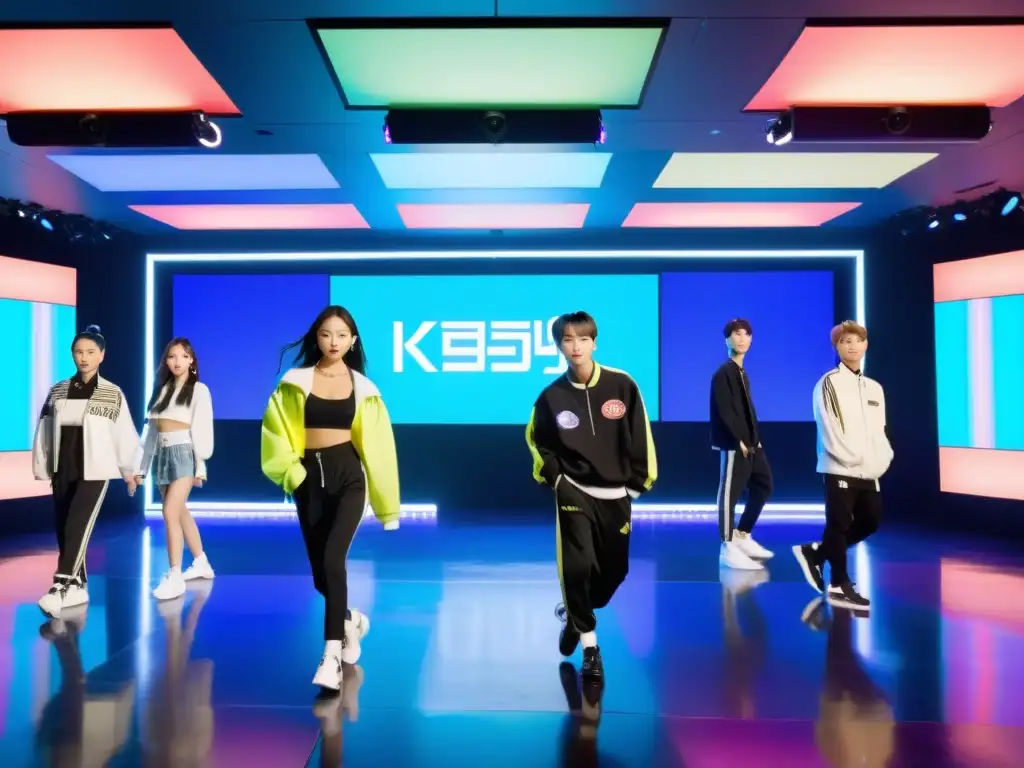 Grupo de idols de Kpop ensayando en un estudio de vanguardia, rodeados de pantallas LED coloridas y equipos de sonido avanzados