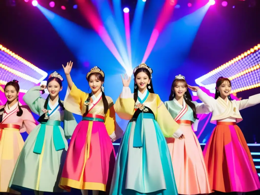 Grupo de idols de KPop en hanbok tradicional, actuando en un escenario brillante rodeado de fans entusiastas con light sticks