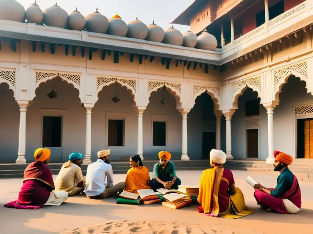 Grupo en India lee textos sagrados en ambiente vibrante de la calle, reflejando la influencia de los textos sagrados en la India