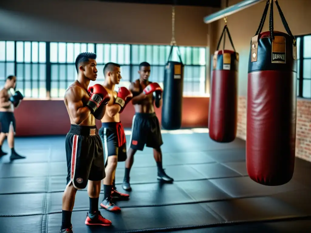 Un grupo de kickboxers realiza intensos kicks en un gimnasio tradicional