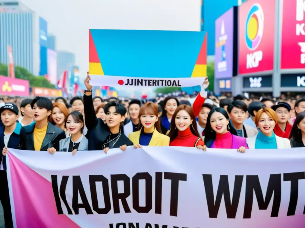 Un grupo internacional de fans de KPop se reúne en una plaza, ondeando pancartas y vistiendo atuendos tradicionales y modernos