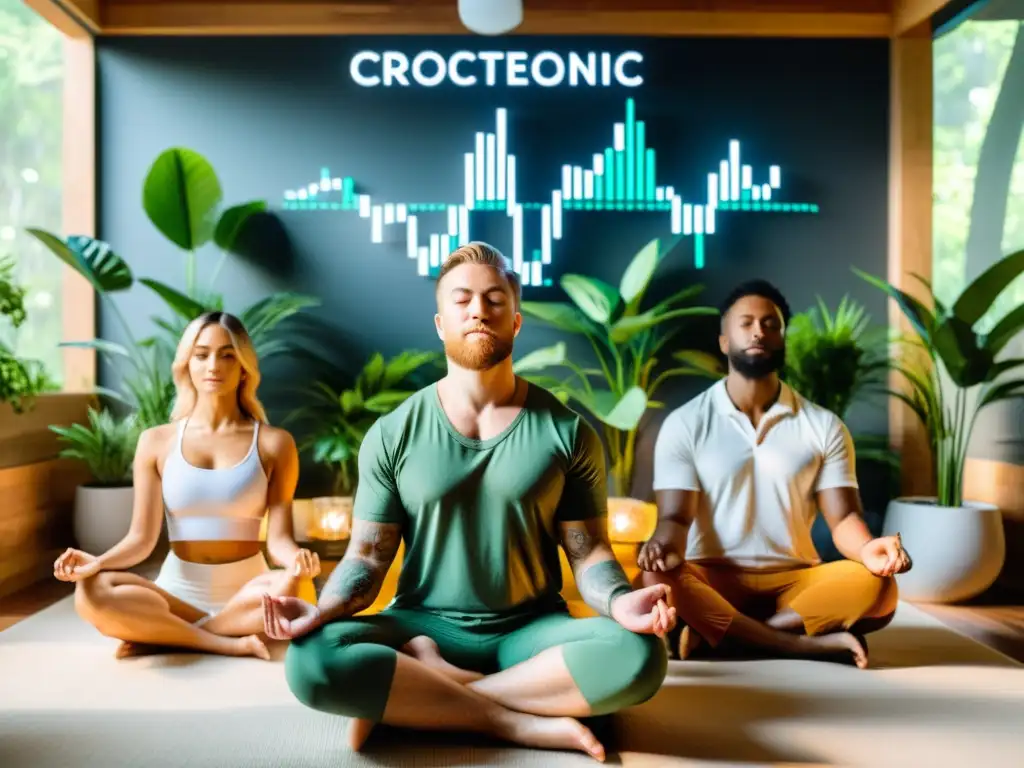 Grupo de inversores exitosos meditando en una sala serena, rodeados de plantas verdes