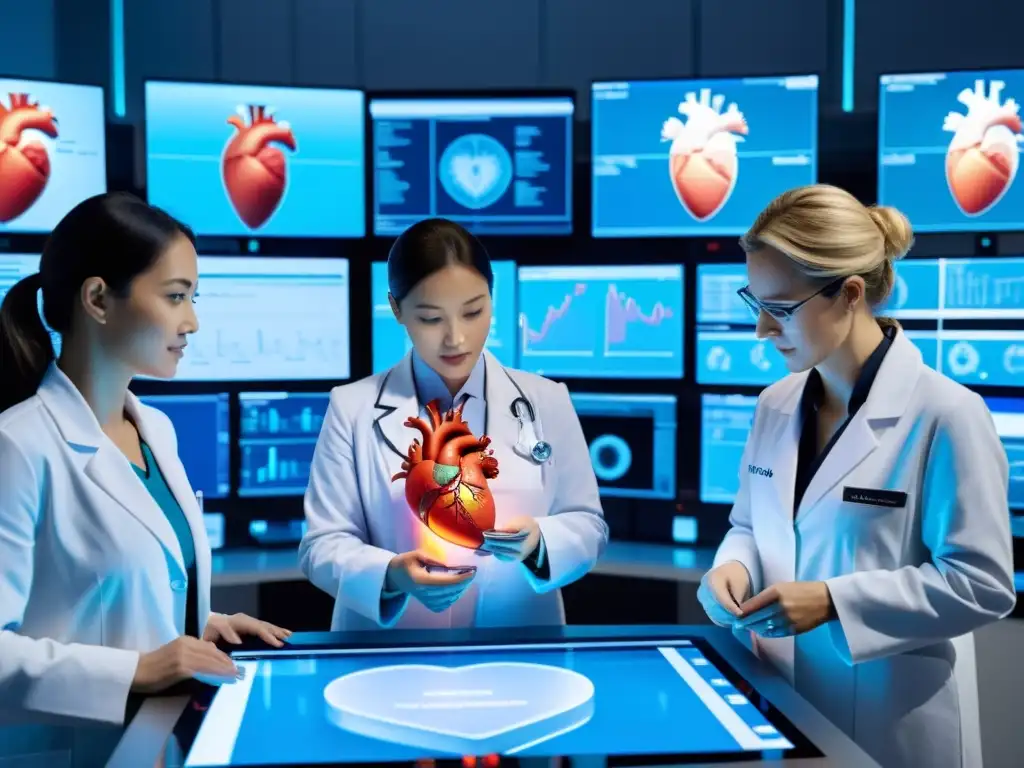 Grupo de investigadores médicos en Asia examinando un modelo 3D del corazón humano en un laboratorio avanzado