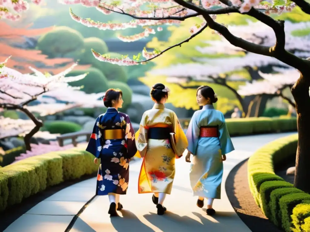 Un grupo pasea por un jardín japonés al atardecer, vistiendo yukatas coloridos bajo los cerezos en flor