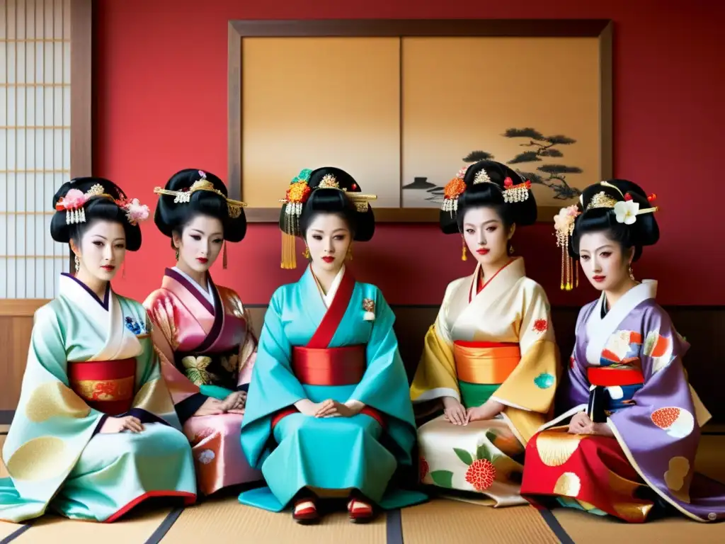 Un grupo de Oiran japonesas, elegantemente vestidas y posando con gracia en un entorno tradicional japonés, muestra el papel de las mujeres en Japón