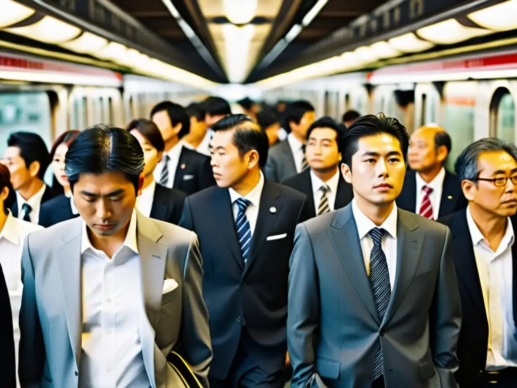 Grupo de salarymen japoneses en trajes tradicionales, esperando en la concurrida plataforma del metro de Tokio durante la hora pico