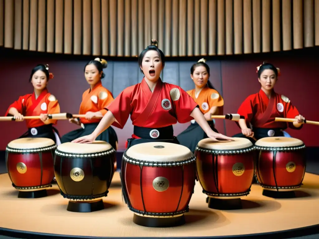 Un grupo de taiko japoneses en vibrante actuación, con expresiones faciales intensas y movimientos dinámicos en un escenario tradicional