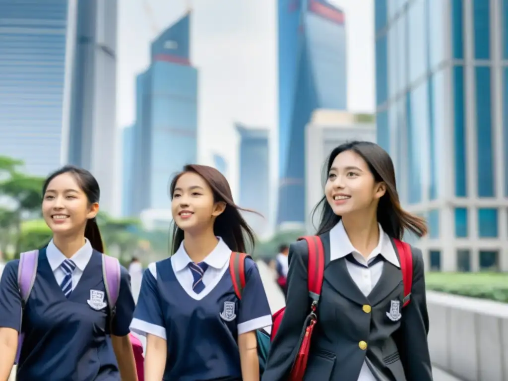 Grupo de jóvenes asiáticas en uniforme escolar caminando por la ciudad, resaltando el rol de la mujer asiática en la educación moderna