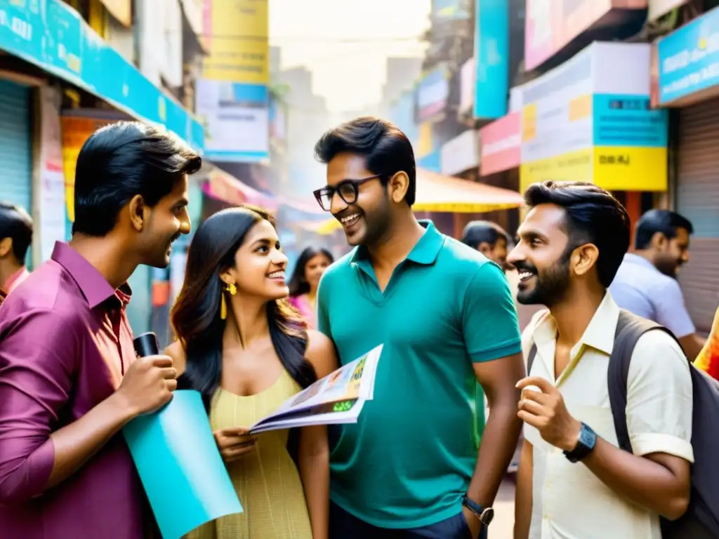 Un grupo de jóvenes cineastas indios discuten apasionadamente en una bulliciosa calle de Mumbai, rodeados de coloridos carteles de películas