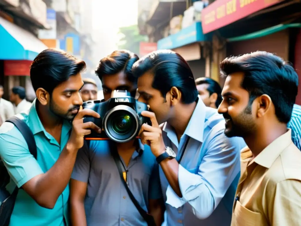 Un grupo de jóvenes cineastas indios rodea una cámara digital de alta tecnología en las bulliciosas calles de Mumbai, capturando la energía y los colores vibrantes de la ciudad