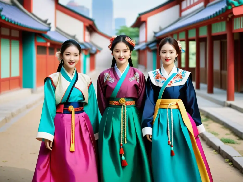 Un grupo de jóvenes coreanos viste Hanbok con un toque moderno en una bulliciosa calle