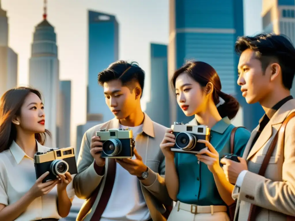 Un grupo de jóvenes entusiastas de la fotografía tradicional en Asia, intercambiando técnicas y disfrutando del atardecer entre rascacielos modernos